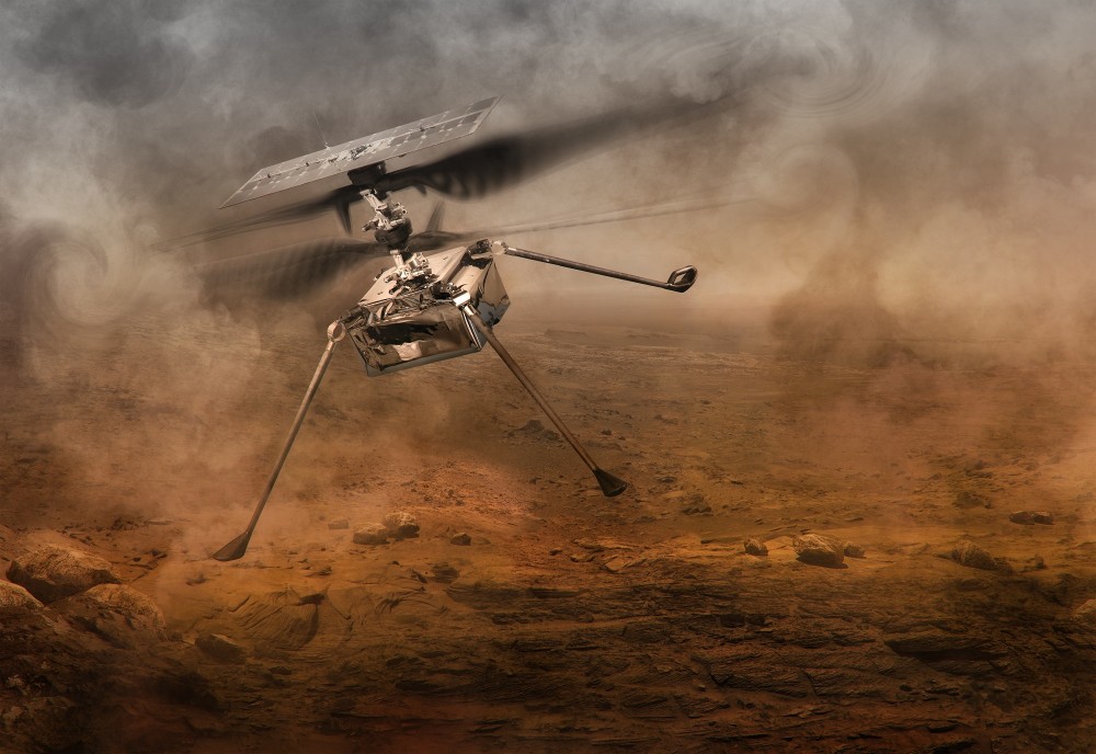 Helicopter drone flying over planet Mars desert. Mars One exploration science mission, US Perseverance rover, Ingenuity helicopter 2020 launch program 3d concept. Elements of image furnished by NASA.